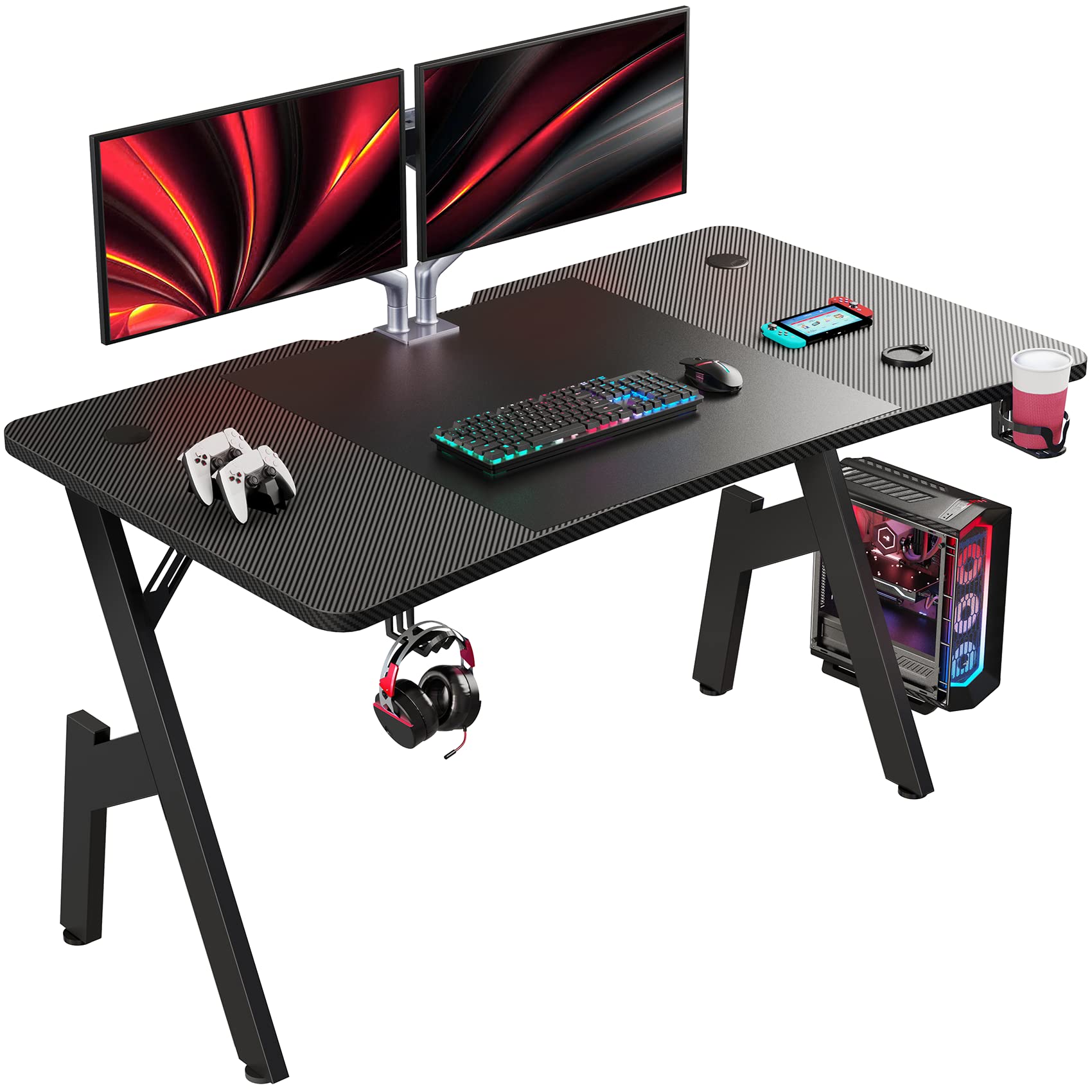 DLONGONE Gaming Desk 120 x 60cm, Computer Gaming Desk, Gaming PC Desk for Home Office, A Shaped Gaming Table with Cup Holder and Headphone Hook,