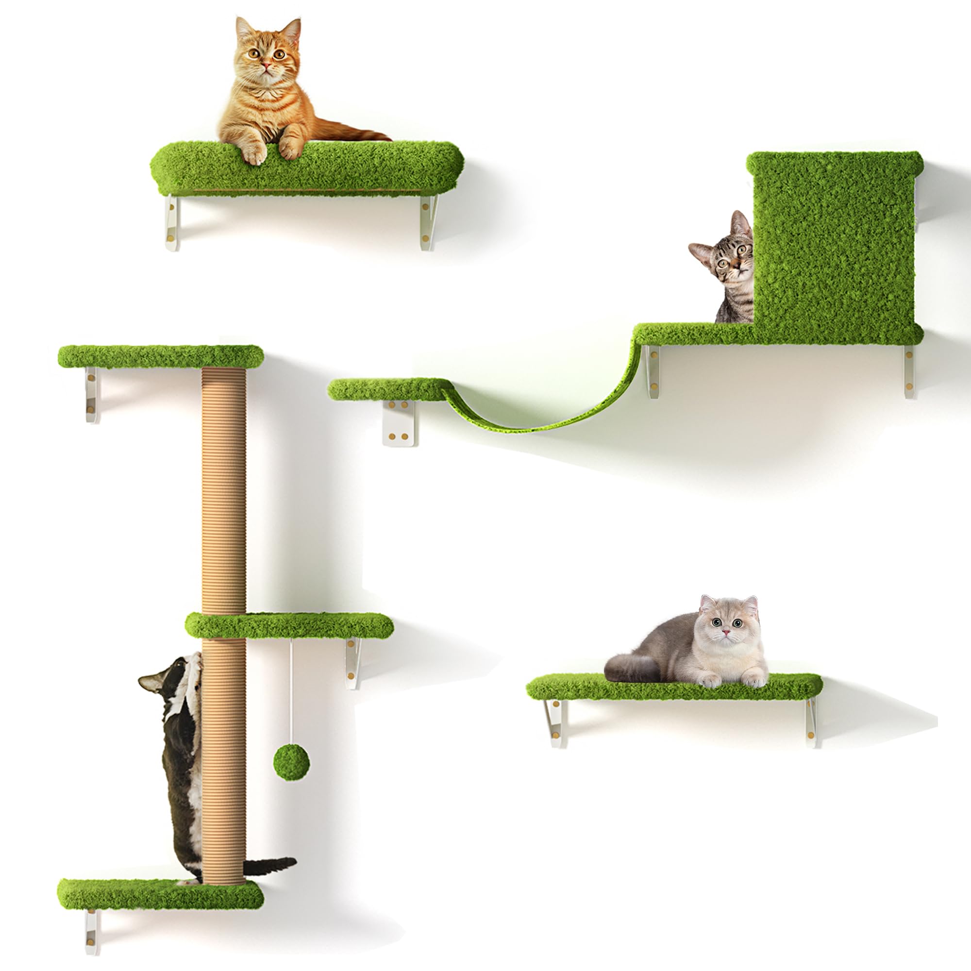 FUKUMARU Cat Wall Shelves, Stable & Safe 4 in 1 Large Cat Wall Furniture Set, Wooden Cat Climbing Wall with Scratching Post, Cat Bridge and Cat Bed,
