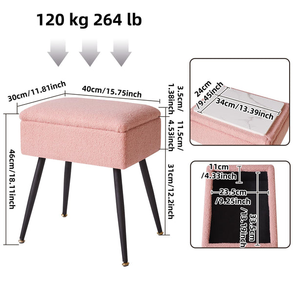 Aibiju Dressing Table Chair with Storage, Faux Teddy Fur Rectangular Bedroom Ottoman Stool with Metal Legs, Makeup Vanity Stool Side Table for Makeup