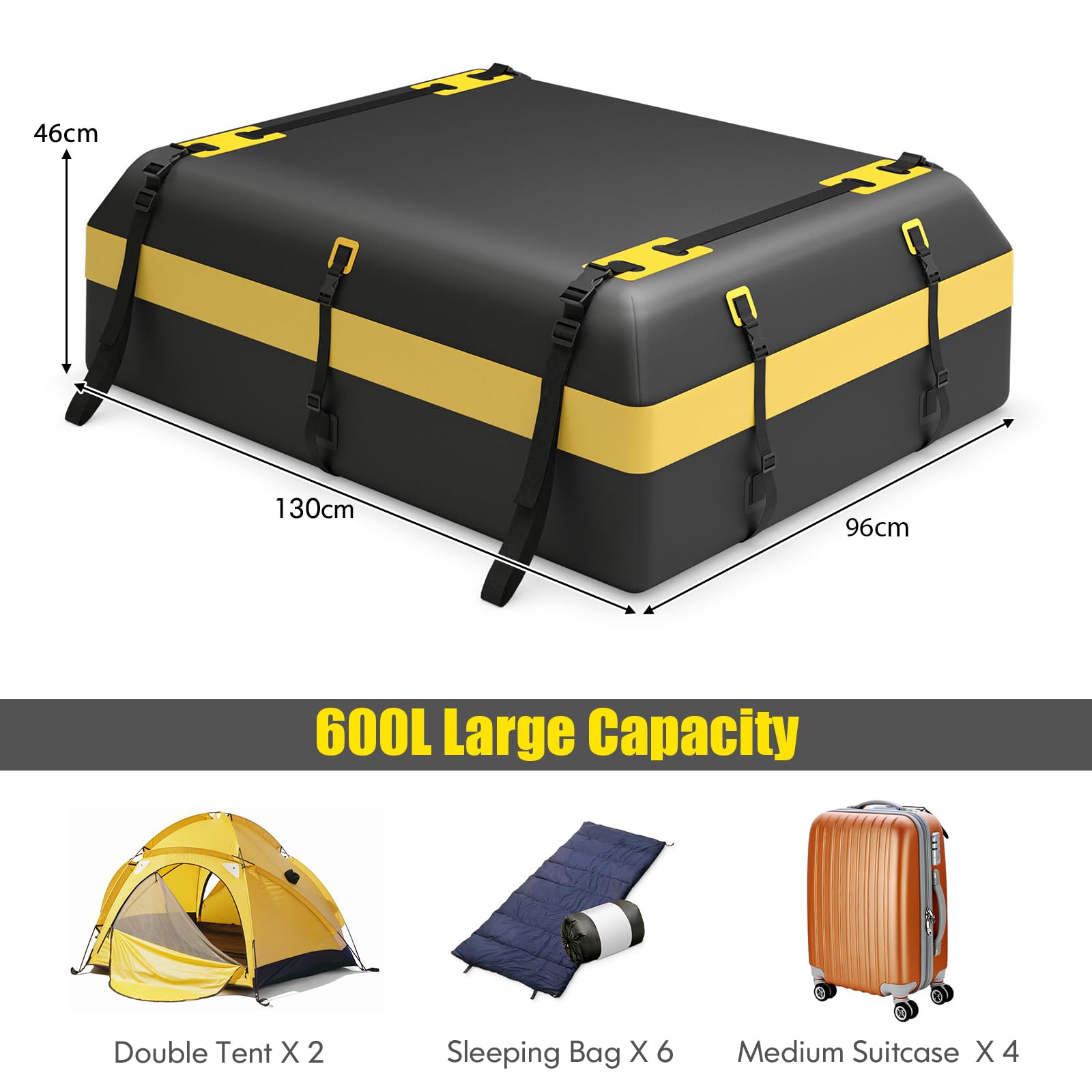 COSTWAY 15/21 Cubic Feet Car Roof Bag, 100% Waterproof Roofing Cargo Carrier with Anti-Slip Mat, Combination Lock & Straps, Rooftop Luggage Storage Box (Black, 21 Cubic Ft/600L)