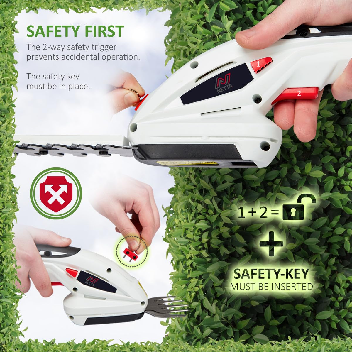 NETTA 2in1 Grass Shear & Hedge Trimmer with 7.2V Rechargeable 1500mAh Lithium-Ion Battery, Edging and Shrub Shear, 2 Interchangeable Blades, Lightweight, Garden Cutting Edge Trimmer, Pruner - Handheld
