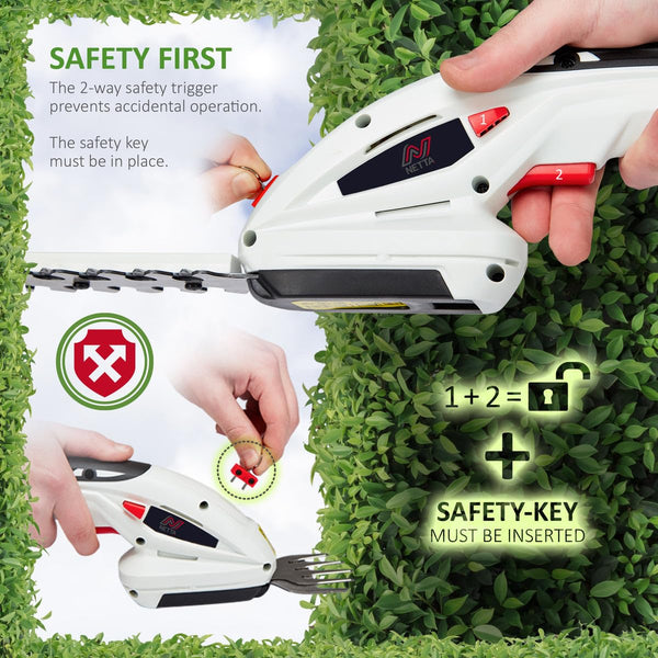 NETTA 2in1 Grass Shear & Hedge Trimmer with 7.2V Rechargeable 1500mAh Lithium-Ion Battery, Edging and Shrub Shear, 2 Interchangeable Blades, Lightweight, Garden Cutting Edge Trimmer, Pruner - Handheld
