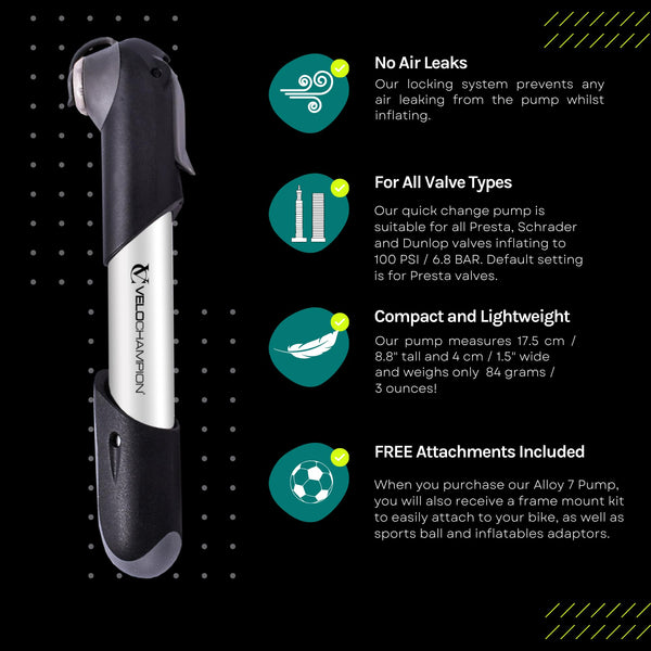 VeloChampion Mini Bicycle Pump with Frame Mount. Portable Alloy Pump For Presta, Schrader and Dunlop Valves. Suitable for All Bikes - Road, Mountain & BMX