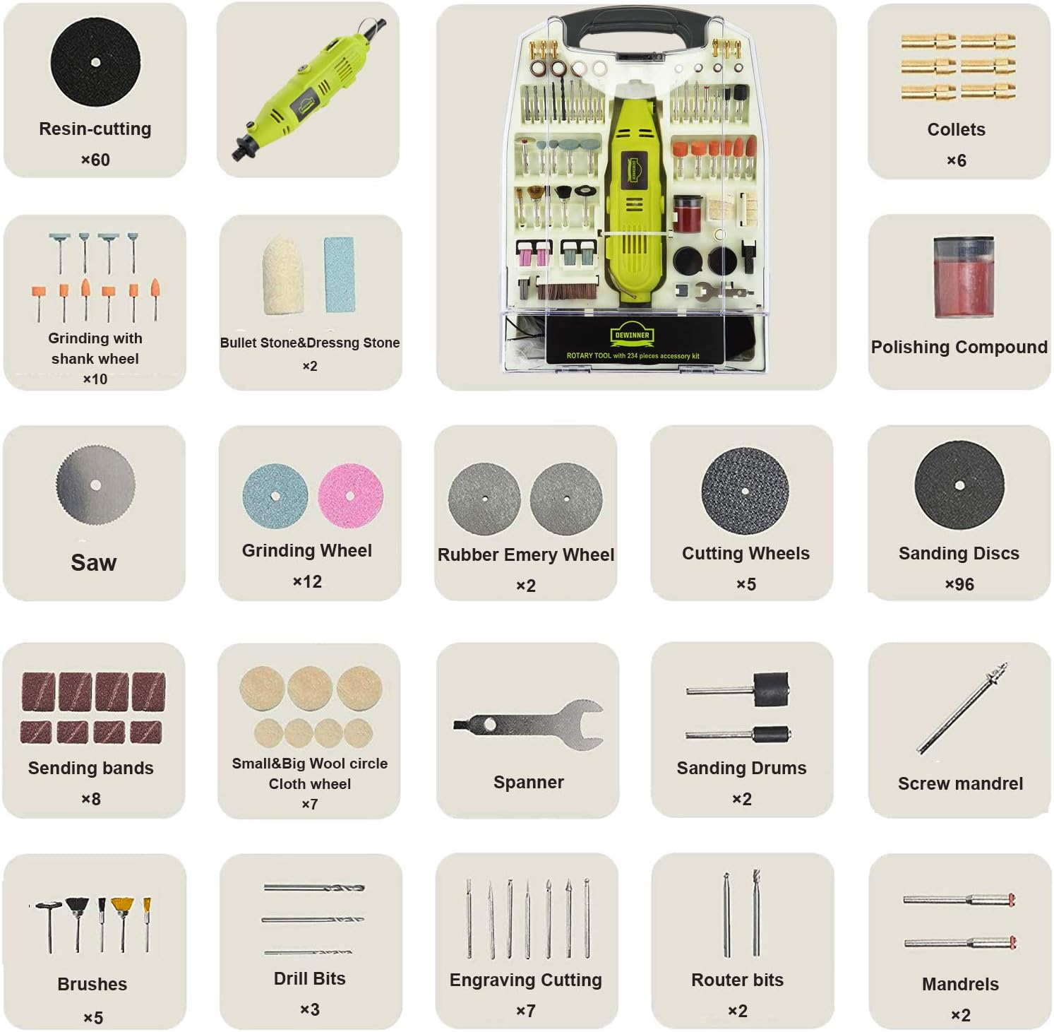 DEWINNER Rotary Multi-Tool, 135W 6 Variable Speed 8000-35000 RPM, 233 pcs Accessories Mini Tool Kit Set Case, DIY Creation for Craft Project Functional Polishing Cleaning Cutting Sanding Carving