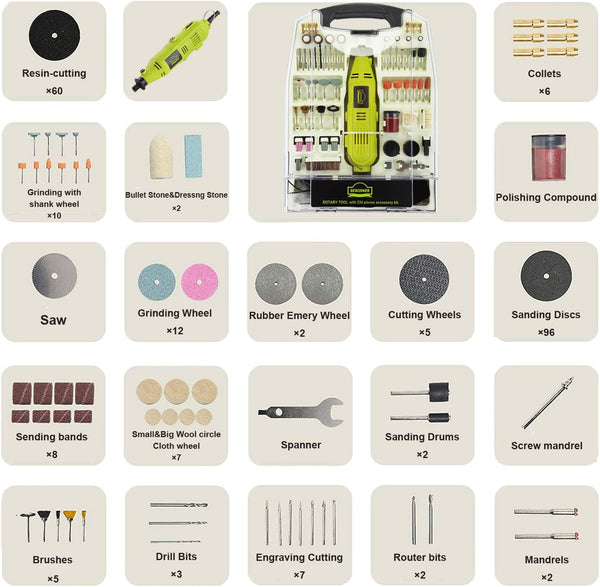 DEWINNER Rotary Multi-Tool, 135W 6 Variable Speed 8000-35000 RPM, 233 pcs Accessories Mini Tool Kit Set Case, DIY Creation for Craft Project Functional Polishing Cleaning Cutting Sanding Carving