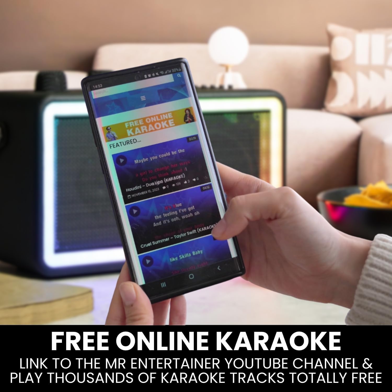 Karaoke Machine & Portable Speaker with Wireless Microphones & Lights. Mr Entertainer Neon
