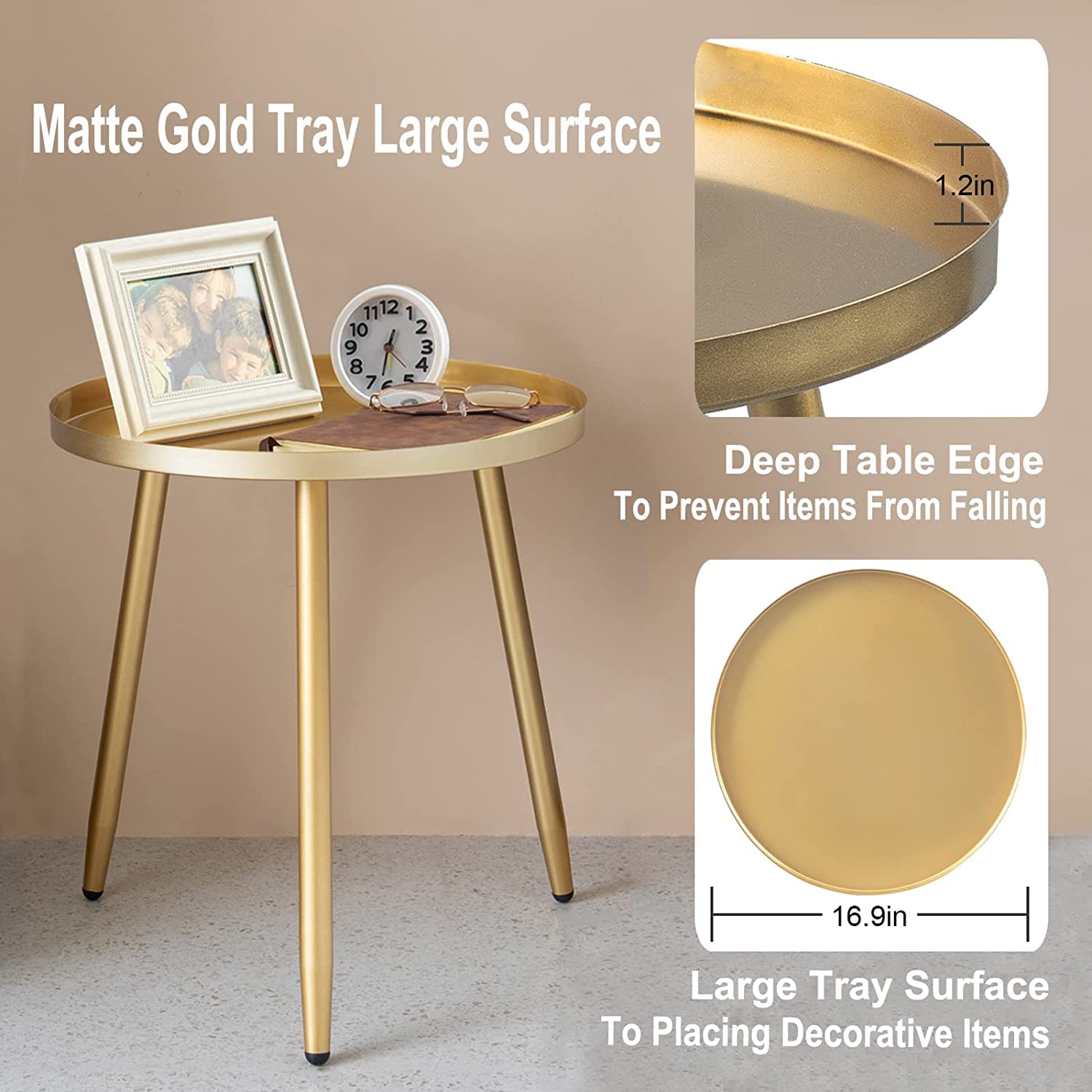 AOJEZOR Round Side Table, Metal End Table, Nightstand/Small Tables for Living Room, Accent Tables Cheap, Side Table for Small Spaces (Gold)