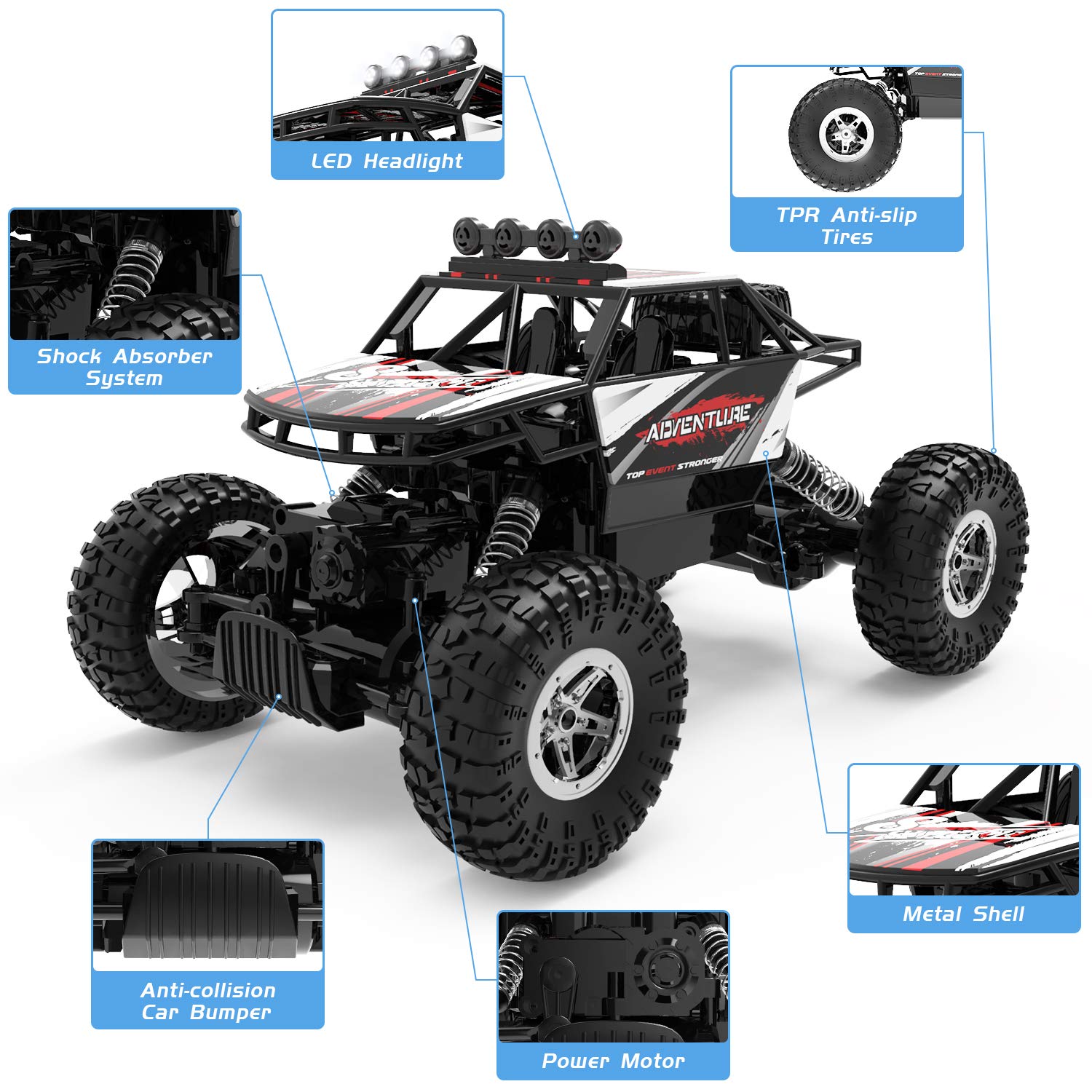 DEERC RC Cars Remote Control Car 1:14 Off Road Monster Truck,Metal Shell 4WD Dual Motors LED Headlight Rock Crawler,2.4Ghz All Terrain Hobby Truck with 2 Batteries for 90 Min Play,Boy Adult Gifts