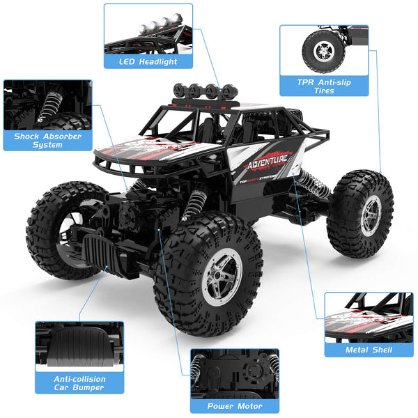 DEERC RC Cars Remote Control Car 1:14 Off Road Monster Truck,Metal Shell 4WD Dual Motors LED Headlight Rock Crawler,2.4Ghz All Terrain Hobby Truck with 2 Batteries for 90 Min Play,Boy Adult Gifts