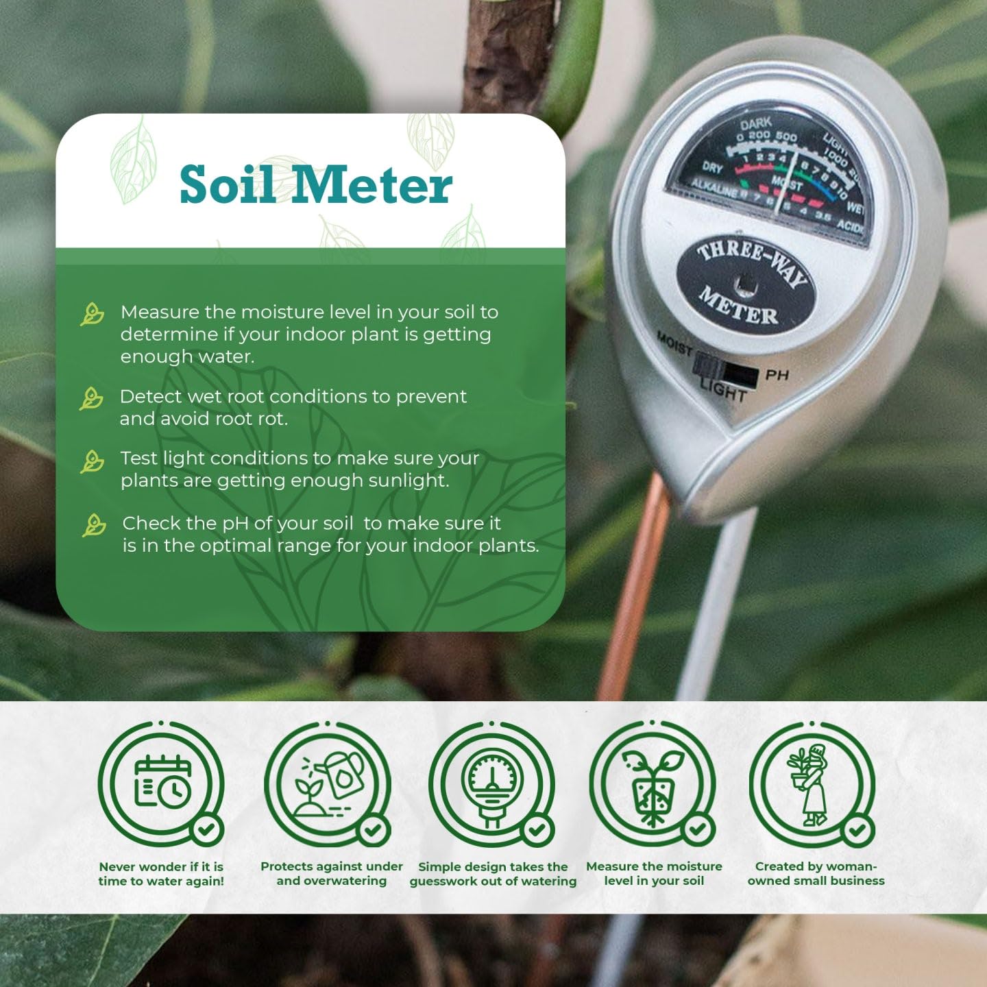 HOUSEPLANT RESOURCE CENTER 3-in-1 Soil Metre Optimise Plant Health with Moisture, Light & pH Testing