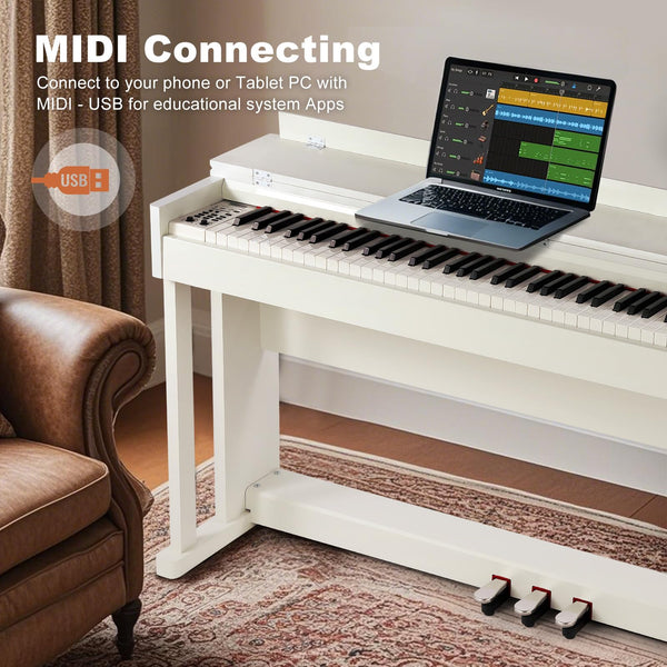 MUSTAR Digital Piano 88 Weighted Keys, Full Size 88 Key Piano Keyboard Semi Weighted, Home Electric Piano with Furniture Stand and Triple Pedal, Music Stand, USB MIDI, White