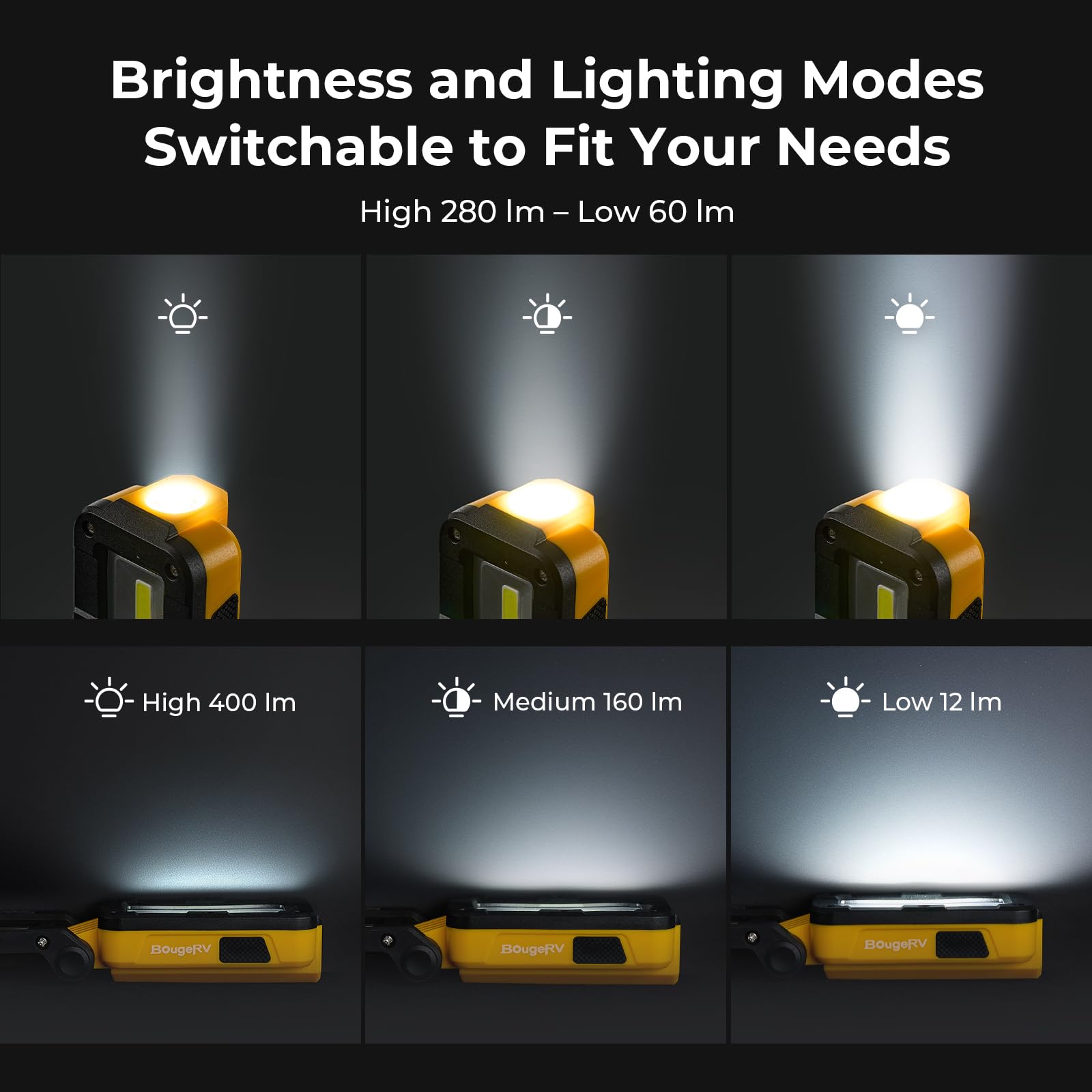 BougeRV WL01 PRO Work Light Rechargeable, 1500 Lumens Magnetic Inspection Light, Portable Lamp with 180° Rotating Stand & Hook, Multiple Lighting Modes for Car Repair, Camping, Outdoor, Emergency