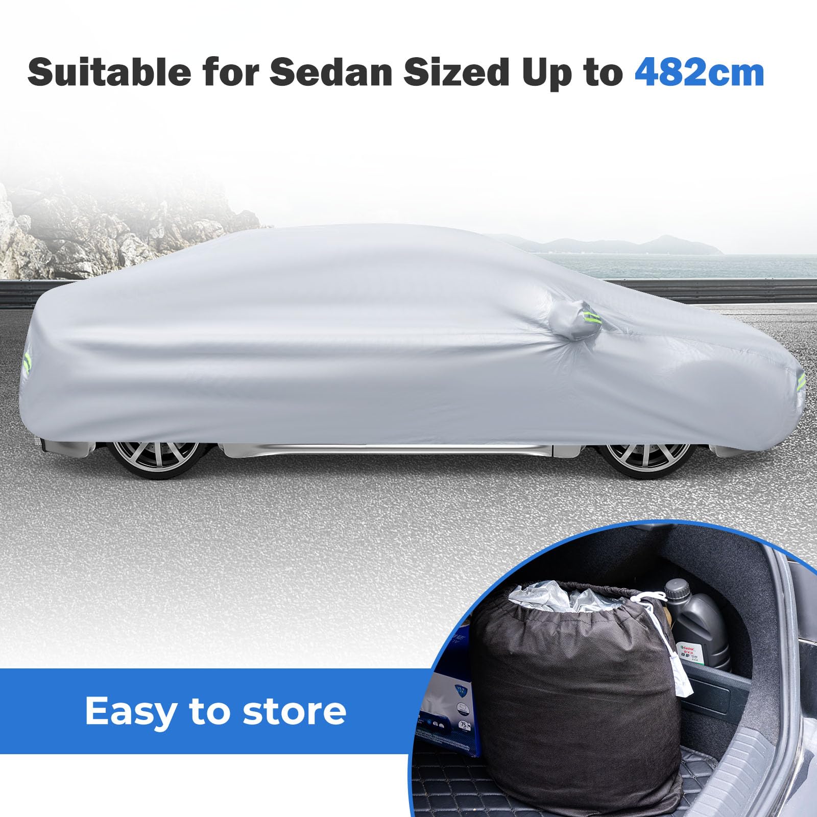 COSTWAY Car Cover Waterproof, Universal Full Car Cover with Zipper Door, Reflective Strips & Storage Bag, All Weather Windproof Snowproof UV Protection (Fit Sedan, Length Up to 190”(482cm))