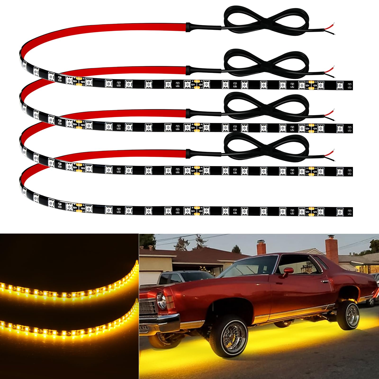 Motorbike Underglow 12V Led Strip Lights Neon Interior Car Lights Connectable Red Led Light Strips 12V for Cars Interior Lights Boat Marine Trucks 4Pack(60cm/24" Red)