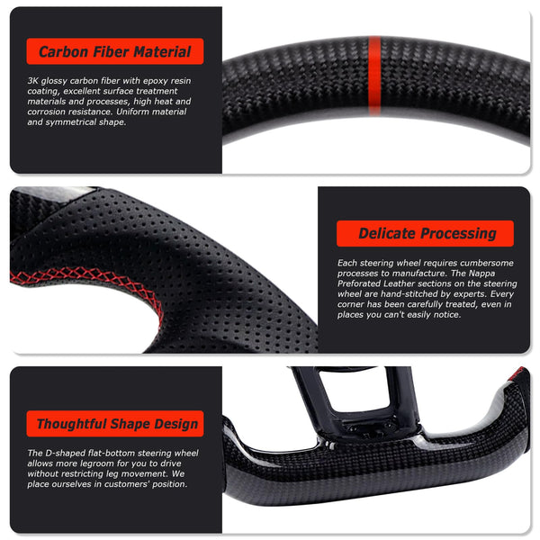 Acclcors Carbon Fiber Steering Wheel, D-Shaped Flat-Bottomed Steering Wheel with Red Stitching, Perforated Leather Grip for VW Volkswagen Golf MK6 2008-2014