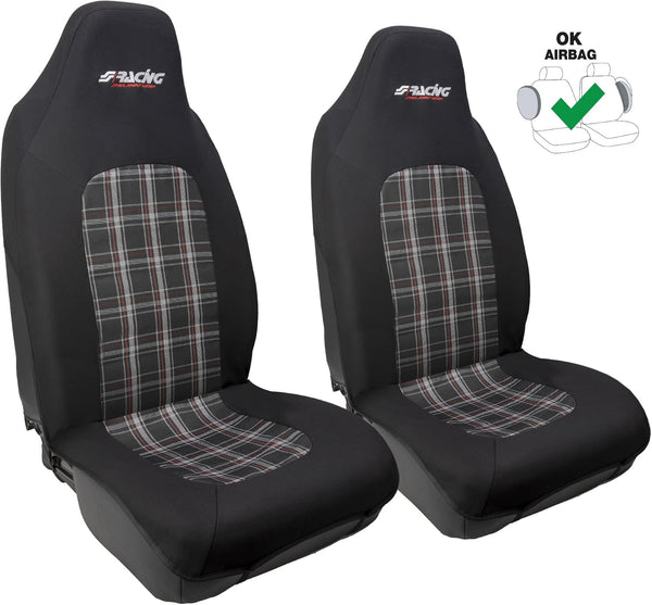 SIMONI RACING RSC/2 Set Front Car Seat Covers and Headrest Covers Set for Car Seats, Universal Front Seat Covers, Black and Pattern