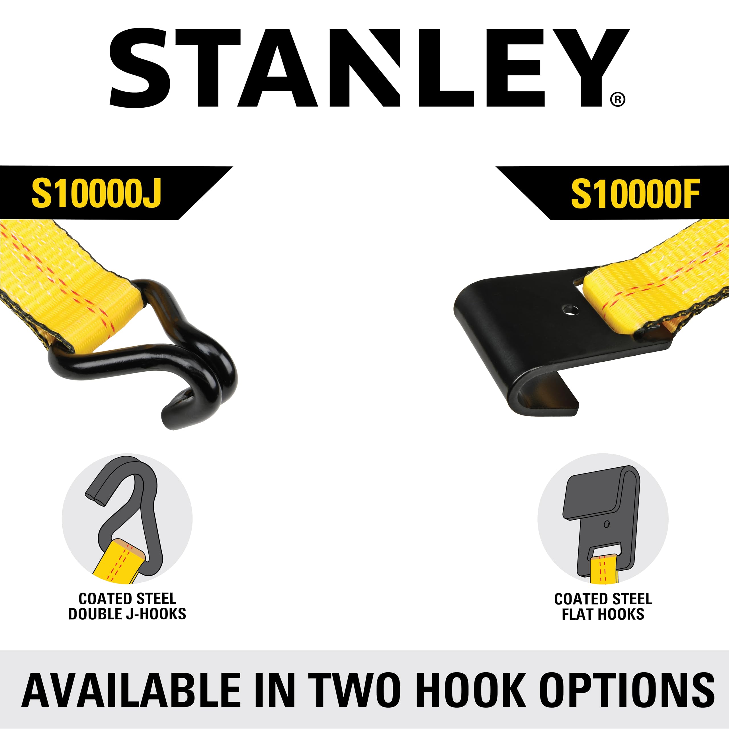 STANLEY S1007 Black/Yellow 1.5" x 16' Ratchet Tie Down Straps - 1,100 lb Safe Working Load / 3,300 lb Break Strength, 2 Pack