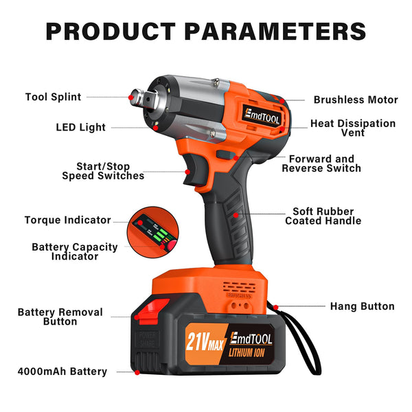 Cordless Impact Wrench,1/2" Brushless Power Impact Gun,2500RPM Electric Wrench, Max Torque 550N.m with 4 Sockets, 12PCS Screwdriver Bits, 4.0Ah Battery & Carry Box for Car Home