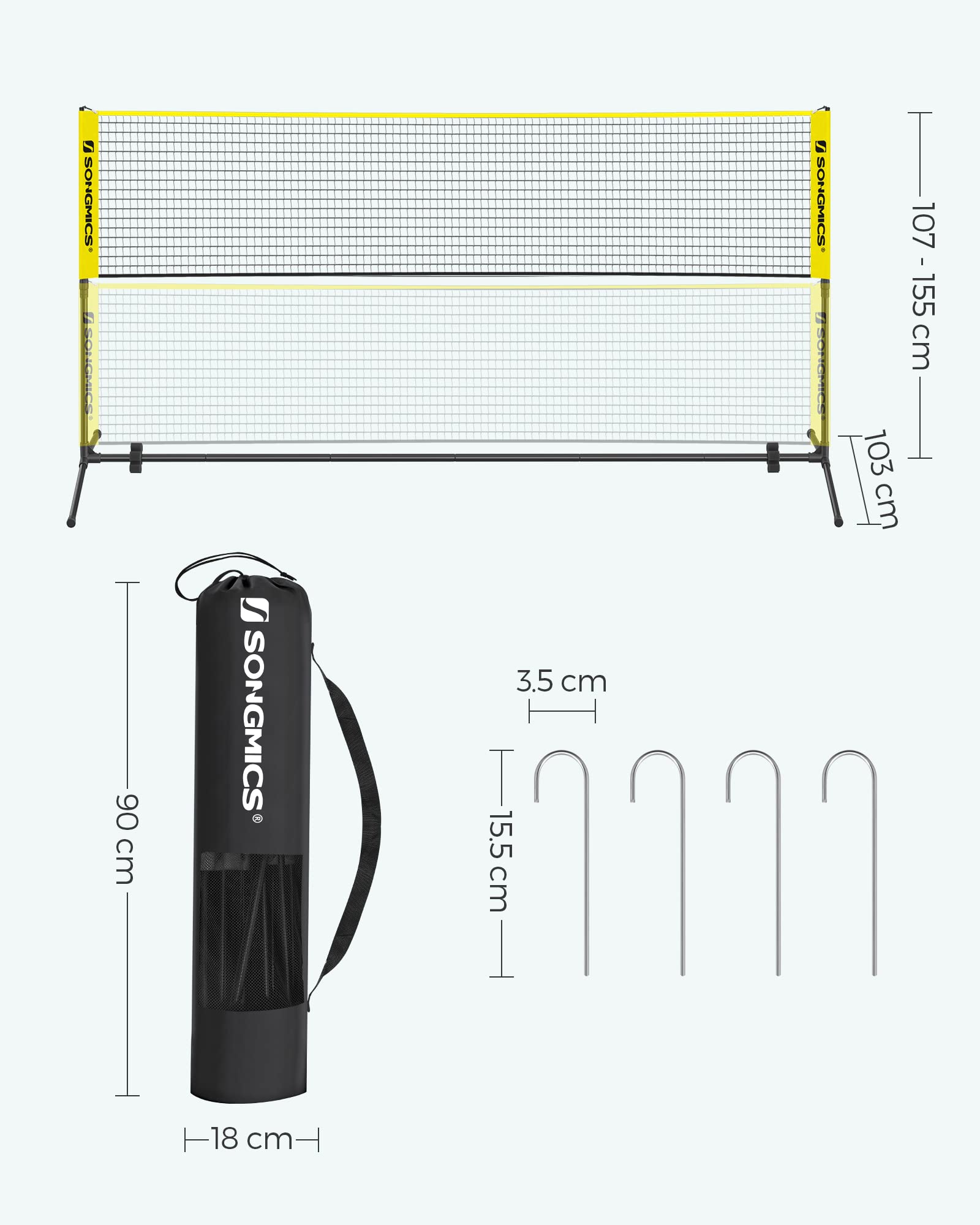 SONGMICS 3 m Badminton Net, Volleyball Net, Adjustable Poles Height, Portable Set for Tennis
