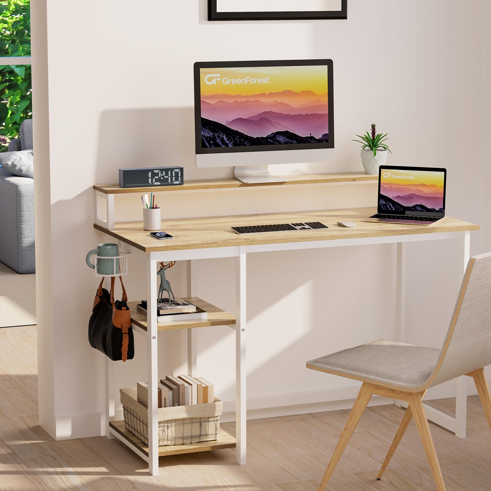 GreenForest Office Desk with Full Monitor Stand,100 cm Home Computer Desk with Reversible Storage Shelves,Small Study Desk with Headphone Hook and Cup