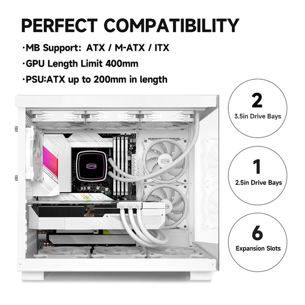 PCCOOLER CPS C3T500 AIRFLOW Mid-Tower ATX/M-ATX/ITX Case, Pre-installed 6 120mm PWM ARGB Fans,Column-Free Design,270° Full View Tempered Glass,360MM Radiator&400MM GPU Support,Easy Installation,WH