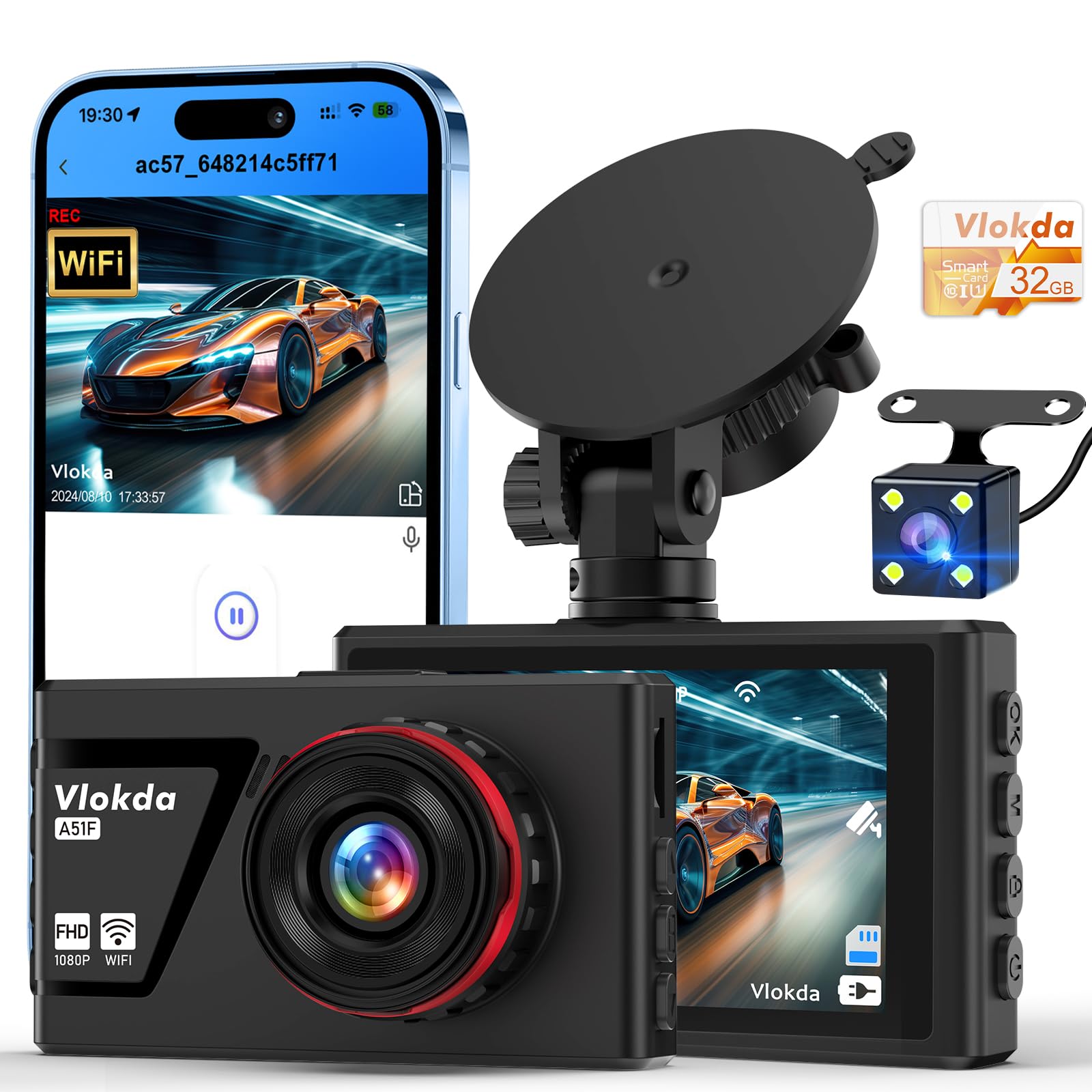 Dash Cam Front and Inside, Dashcam for Cars 1080P Dual Dash Camera with 32G Card Car Adjustable Lens Dash Cam 2 Channel with Night Vision, G-sensor, Loop Recording Dash Cams for Uber Truck Taxi Driver