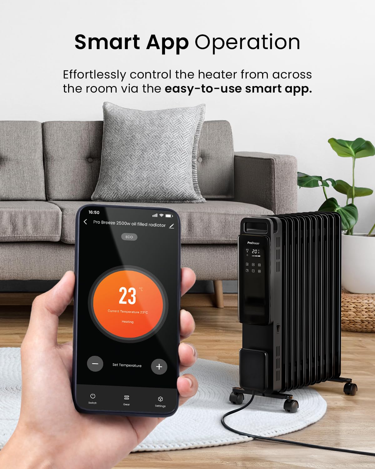 Pro Breeze Smart 2500W 11 Fin Oil Filled Radiator with Digital Display and WiFi Smart App, Thermostat, 24Hr Timer, 3 Heat Modes, Child Lock, Overheat & Tip-Over Protection Oil heater for Home - Black