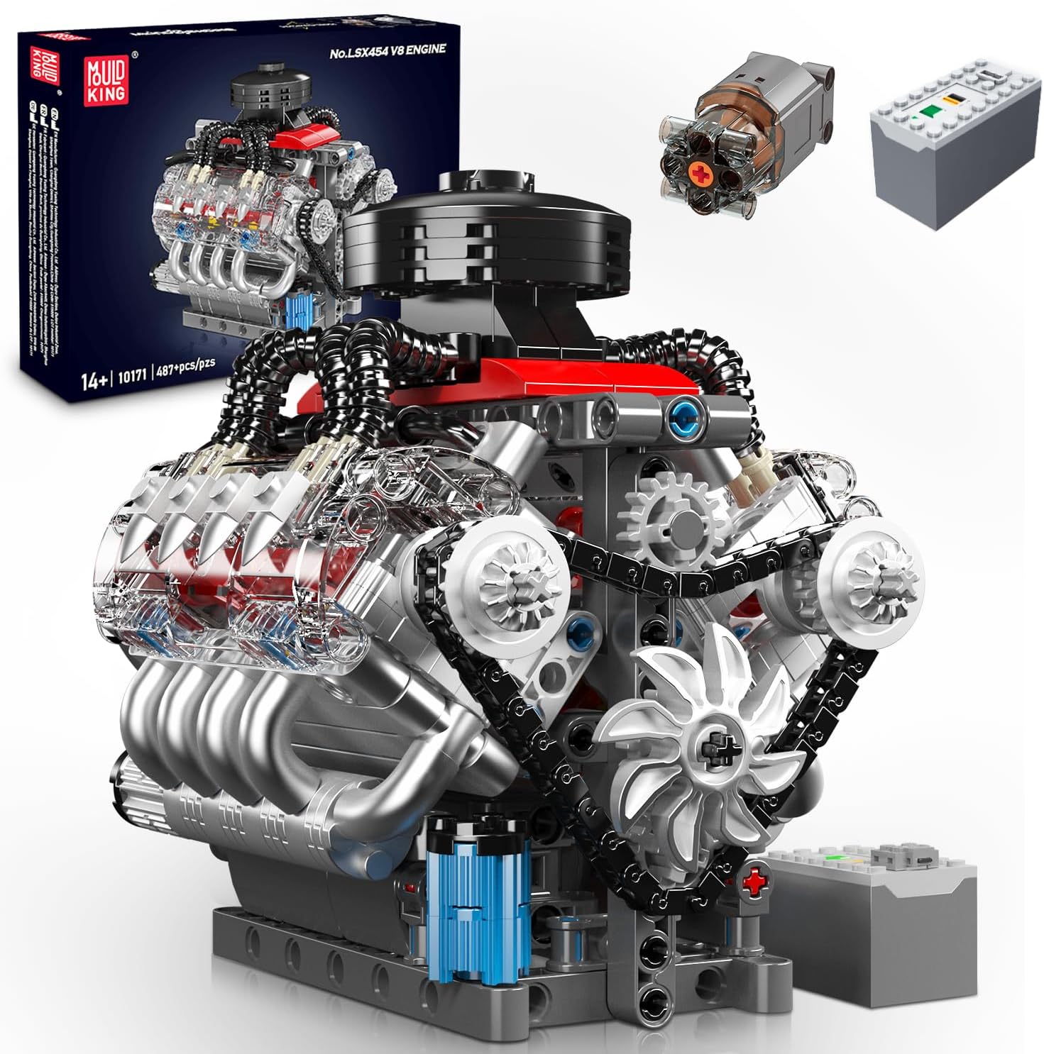 Mould King 10171 Technik V8 Engine Model Building Kit - 487 PCS to Build Your Own Mini Engine That Works - DIY STEM Project for Kids/Teens, MOC Hobby Building Blocks Kit for Adults