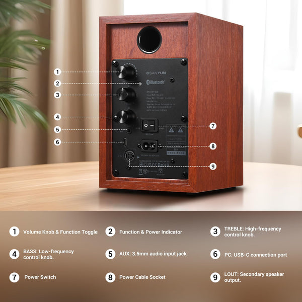 Sanyun SW203 4.0 Computer Speakers - 60W 4-Way DSP Control 3D Immersive Sound - 3" Carbon Fiber Woofer & 20mm Silk Dome Tweeter - 24bit DAC USB/Bluetooth 5.4/AUX - Studio-Grade Audio (Pair, Black)