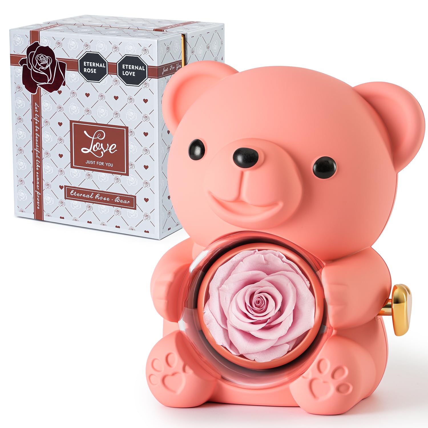 Ariceleo Pink Teddy Bear with Preserved Rose, Real Rose Flower in Bear, Elegant Gift Box, Heart-Shaped Necklace, Unique Gift for Valentine's Day,