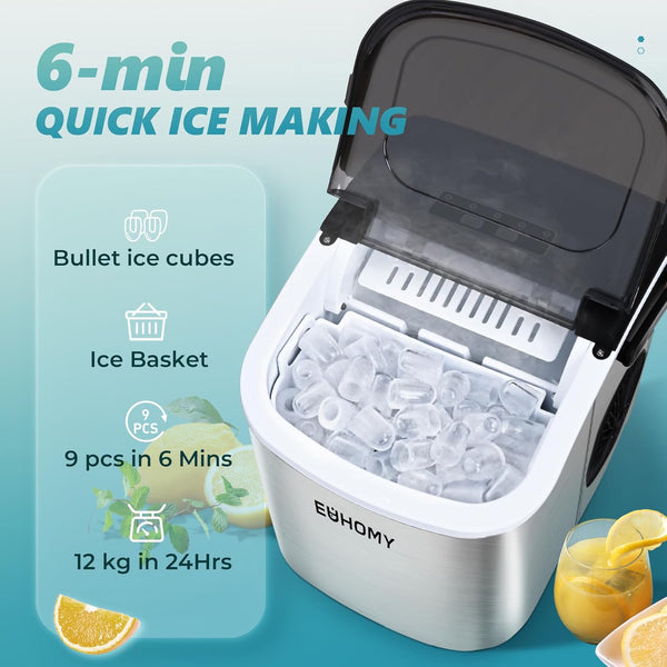 Ice Maker Machine Countertop Ice Cube Maker with Portable Handle, 9 Ice Cubes in 6 Mins, Self-Cleaning Compact Ice Maker 12 kg in 24 Hrs, with Ice Scoop and Basket for Home/Kitchen/Office/Bar