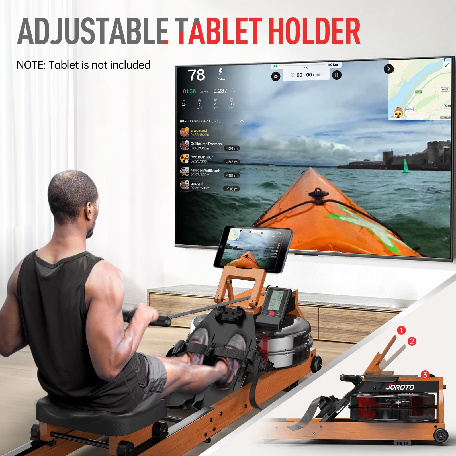 JOROTO Wood Rowing Machine for Home Gym,Oak Wood Foldable Rower Machine with Bluetooth, Adjustable Tablet Holder - 330LS Weight Capacity