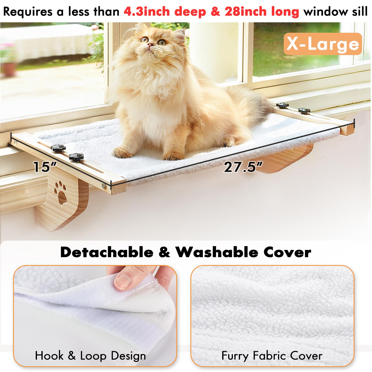 AMOSIJOY Cat Sill Window Perch Sturdy Cat Hammock Window Seat with Wood & Metal Frame for Large Cats, Easy to Adjust Cat Bed for Windowsill, Bedside,