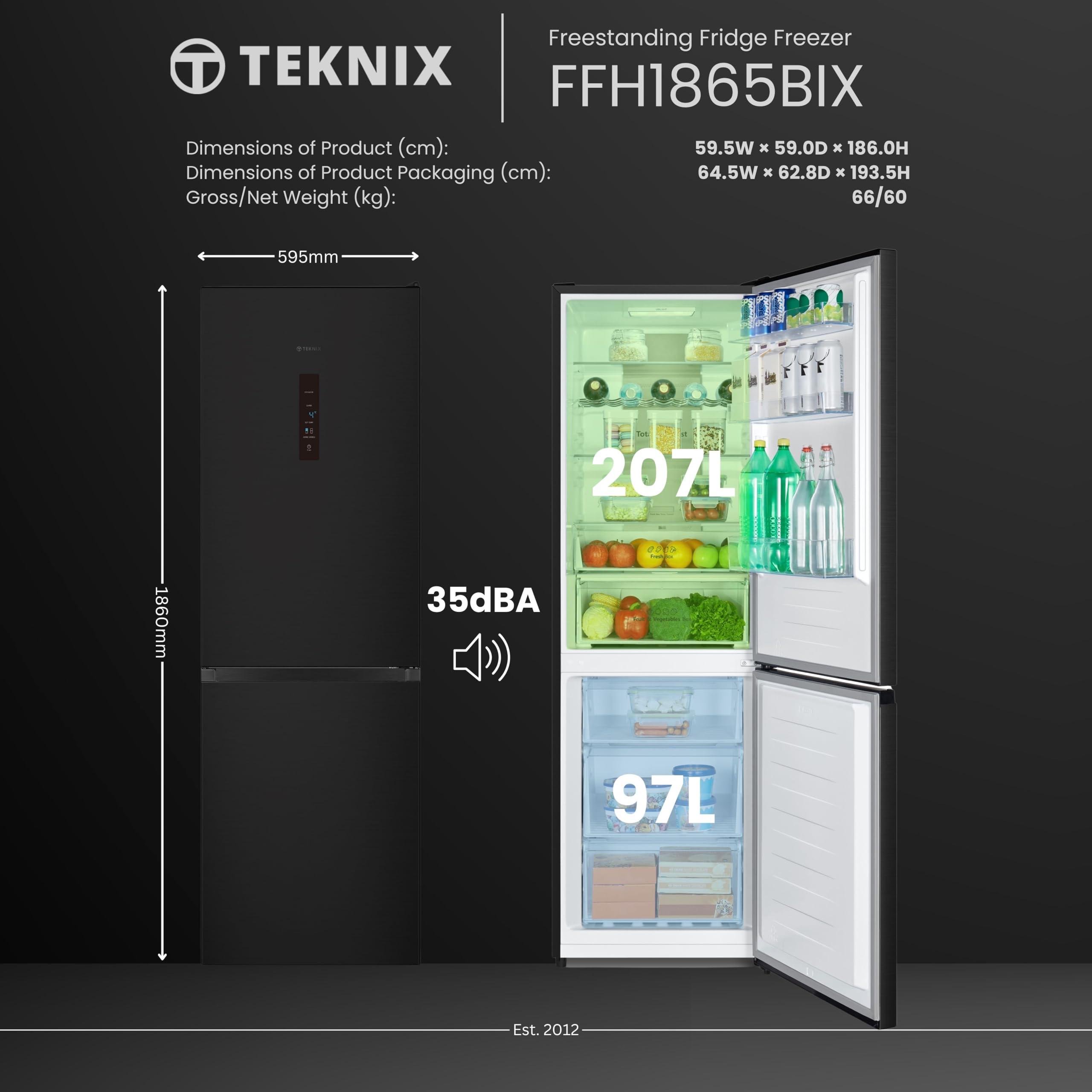 Teknix FFH1825WB 55cm Freestanding 50/50 Fridge Freezer - 256 Litre Capacity - Total No Frost - Non-plumbed Water Dispenser - Black, H182.5 x W55 x D56.2 (cm)