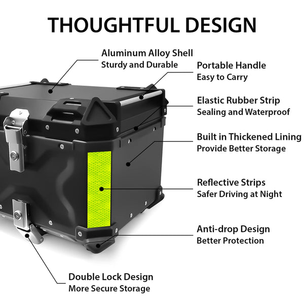 VOKKA Motorcycle Top Box, 65L Aluminium Alloy Waterproof Dustproof and Anti-Theft, Luggage Box for Storage Helmet, Motorbike Top Case with Backrest and Baseplate (Silver)