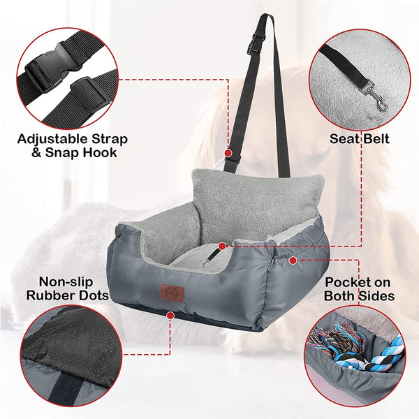 GoFirst Dog Car Seat for Small Dogs or Cats, Pet Booster Seat Travel Car Bed with Storage Pocket and Clip-On Safety Leash, Waterproof Warm Plush Dog Car Safety Seats,Black