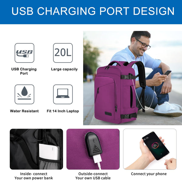 Cabin Bags 40x20x25 for Ryanair Underseat 20L Small Travel Hand Luggage Backpack Carry-ons Bag Cabin Size for Airplanes Flight Bag Travel Rucksack Fit 14 Inch Laptop with USB Charging Port-Black