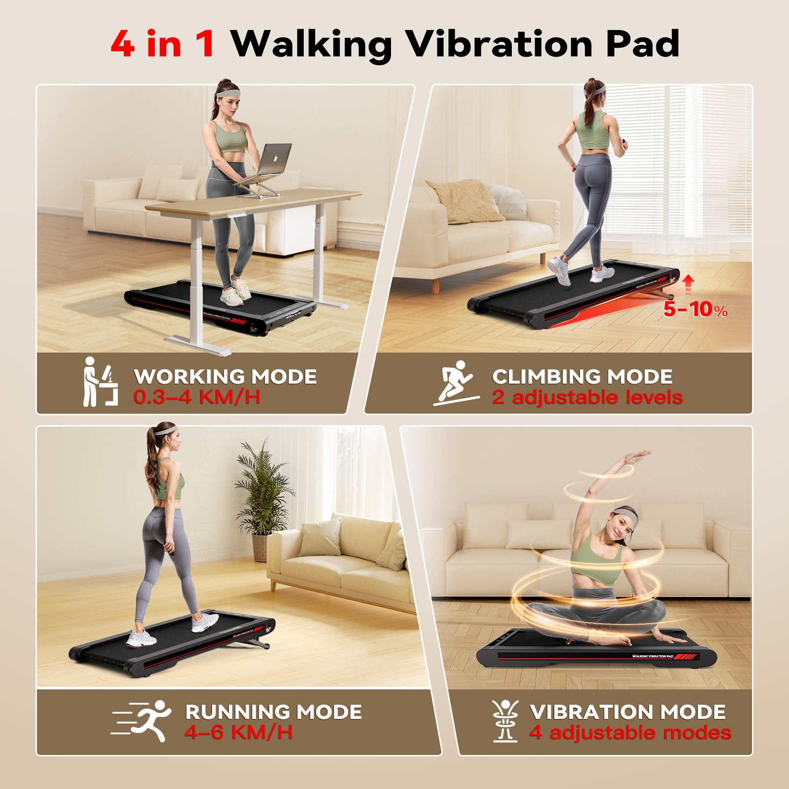 Sperax 4 in 1 Vibration Walking Pad, Portable Under Desk Treadmill, with Vibration Mode & APP Remote, Black RM02 with 5% and 10% Incline