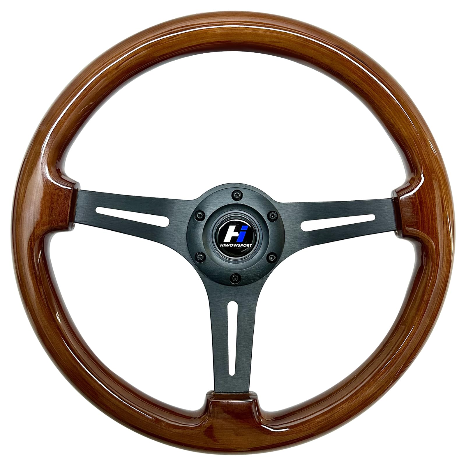 Hiracing 14" Universal Classic Wood Grain Steering Wheel Brushed 3 Spoke 1.5 Depth Steering Wheel with Horn Button 6 bolts (010)