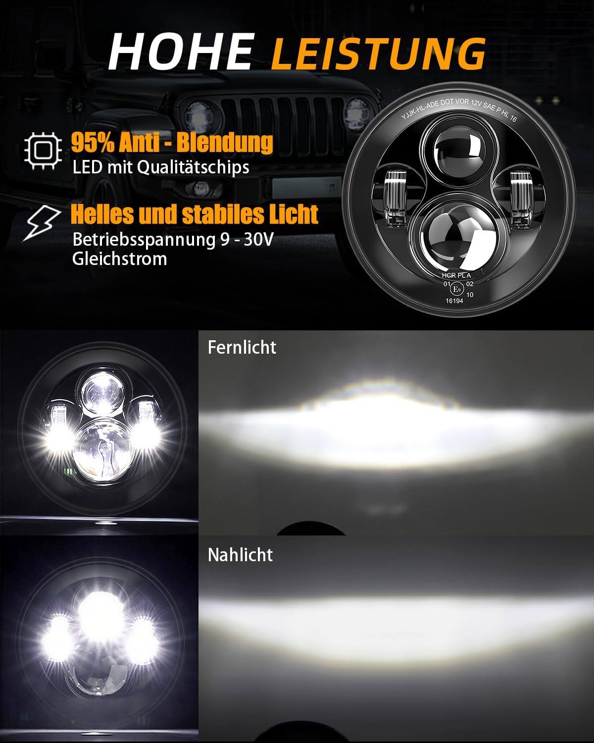 CO LIGHT 7 Inch LED Headlight Round Half Halo Angel Eyes DRL Amber Turn Signal Lights DOT and E-Mark Approved, H6024 LED Headlights with H4 H13 Adapter Compatible for Wrangler JK TJ LJ CJ, 2PCS