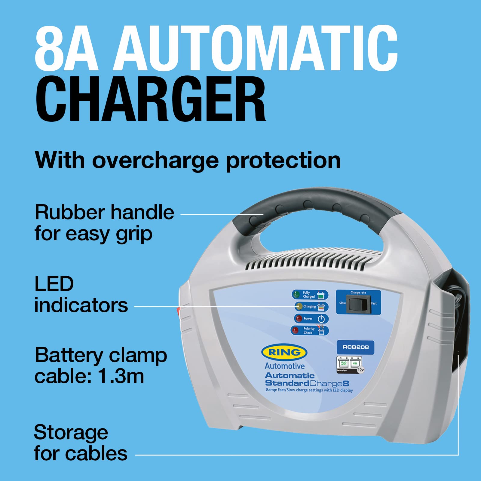 Ring RCB212, 12A Battery Charger, 12V Lead Acid and Gel Batteries, Vehicles up to 3.0L