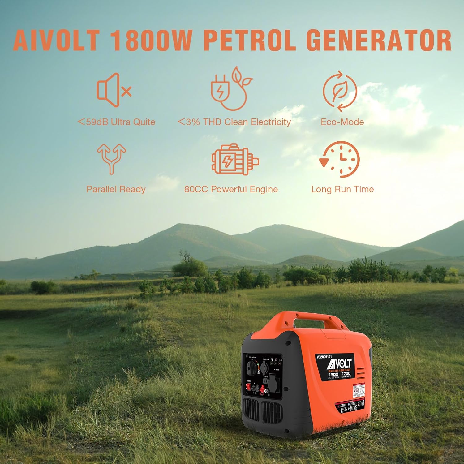 AIVOLT 1800W Petrol Inverter Generator 4 Stroke 80cc Engine Portable Silent Generator for Camping, Jobsites, Home Use-Pure Sine Wave, Super Lightweight