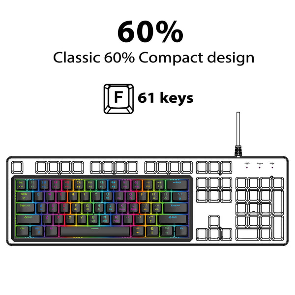Snpurdiri 60% Wired Mechanical Gaming Keyboard, Mini 61-Key With Red Switches for PC, Windows XP, Win 7, Win 10 (Black-Red)