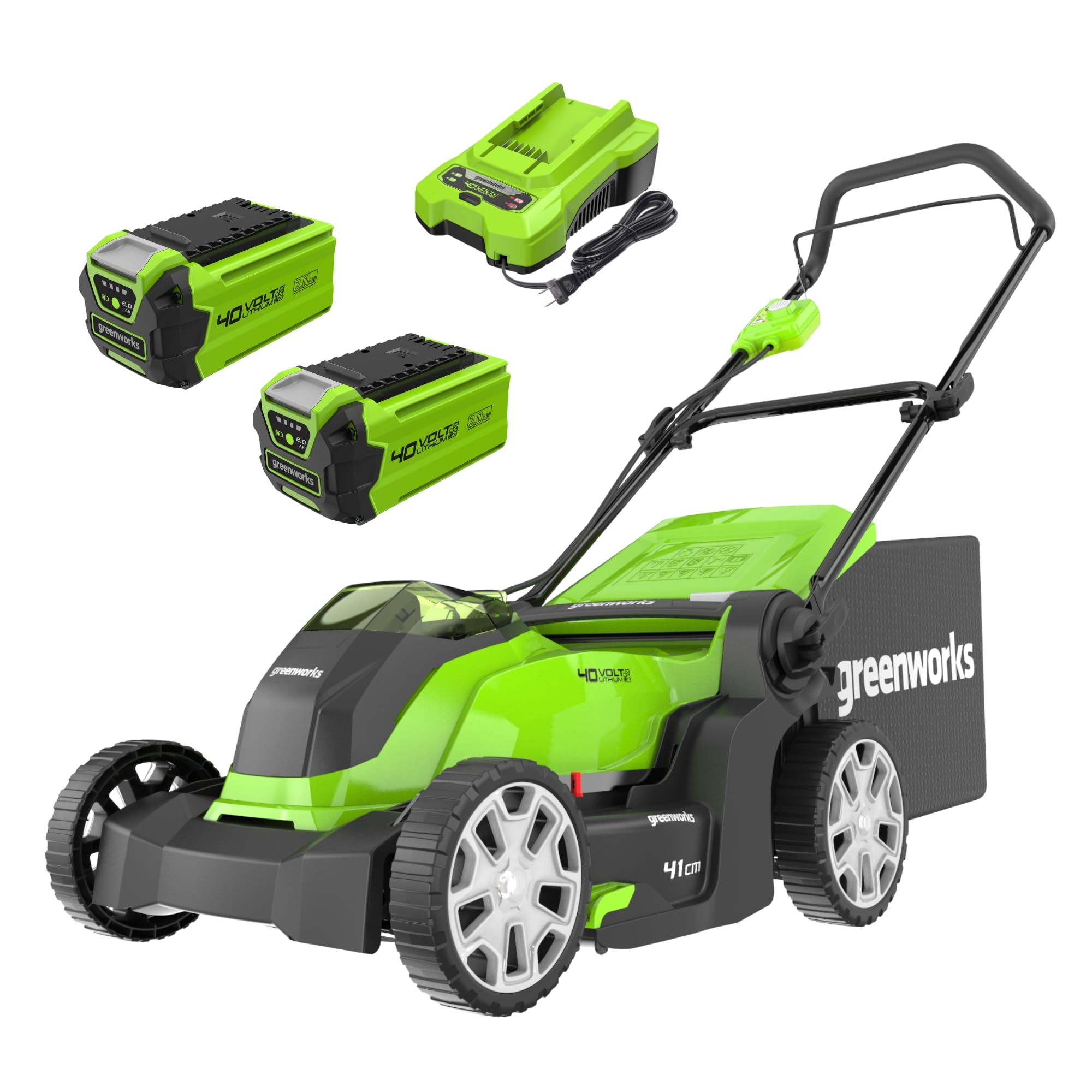 Greenworks 40V Cordless Lawnmower for Lawns up to 500m², 41cm Cutting Width, 50L Bag, Two of 40V 2Ah Batteries & One Charger, 3 Year Guarantee-G40LM41K2X, Green, Black, Grey