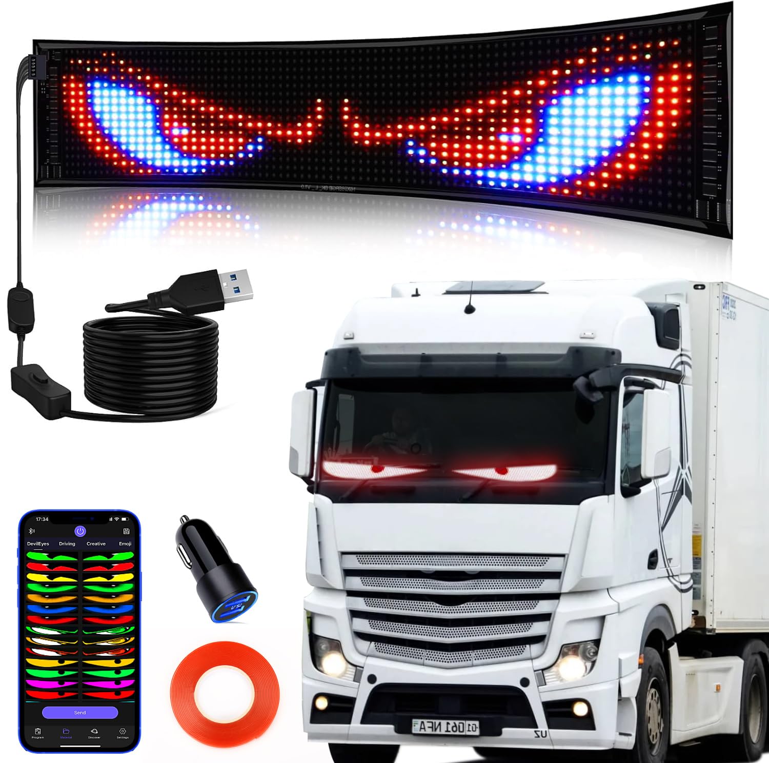 Qnoavve Bluetooth App Control LED Sign, 14.6"x3.6" Devil Eyes Car Lights, Flexible USB 5V LED Car Sign, Programmable Customizable Display Panel, Scrolling Message Board for Store Bar Hotel Party