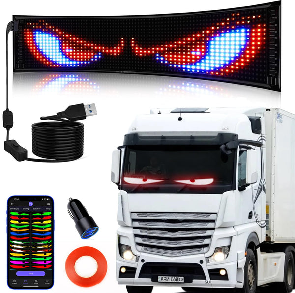 Qnoavve Bluetooth App Control LED Sign, 14.6"x3.6" Devil Eyes Car Lights, Flexible USB 5V LED Car Sign, Programmable Customizable Display Panel, Scrolling Message Board for Store Bar Hotel Party