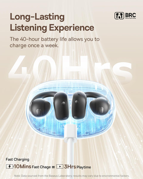 Baseus Bowie MC1 Open-Ear Headphones – Lightweight Bluetooth Air Clip with 40H Battery Life & Bass Ai HiFi Sound Quality & Bluetooth 5.4, (5.2g) with IP57 for Sports & Travel - White