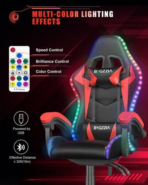 Racingreat Gaming Chair with Led Lights, Video Game Chair, Ergonomic RGB Gaming Chair for Adults, Height Adjustable Reclining Computer Chair with Headrest and Lumbar Support (With RGB, Black)