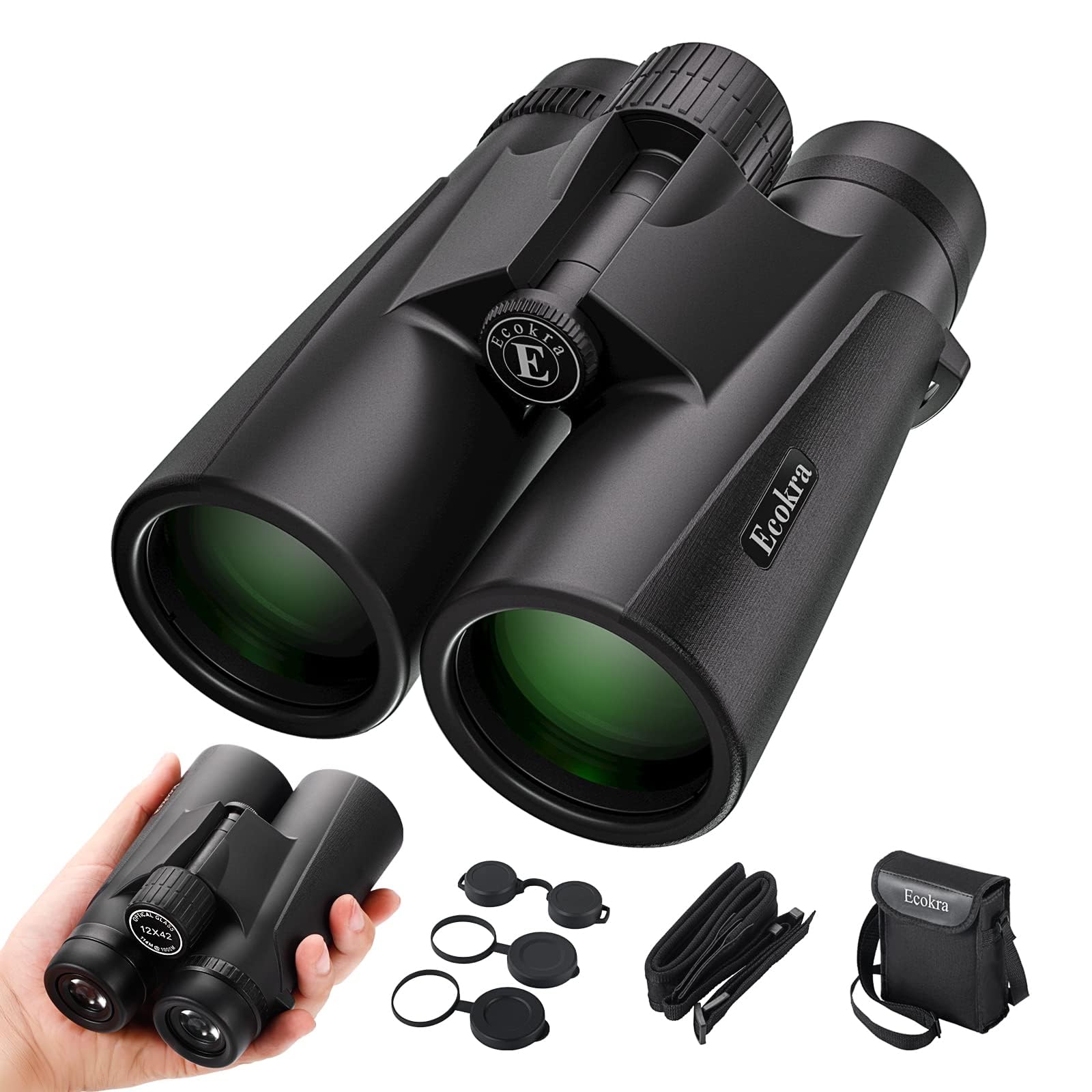 Ecokra 12x42 HD Binoculars for Adults, Super Bright High Power Compact Binoculars with Large View, Clear Low Light Night Vision, BAK4, FMC Prisms for Bird Watching Hunting Stargazing