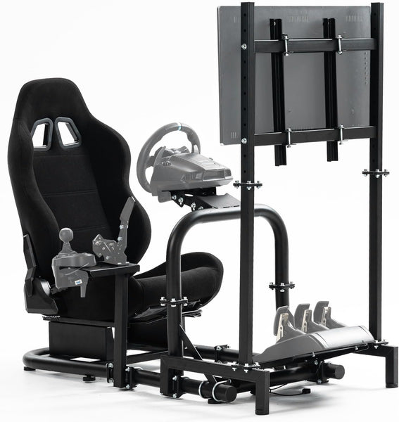 Minneer Pro Adjustable Racing Sim Cockpit With Black Seat, Monitor Fit for Logitech I Thrustmaster I Fanatec G25,G27,G29,G920,G923,T300RS,TX,T300rs Steering Wheel Stand Without Wheels and Pedals